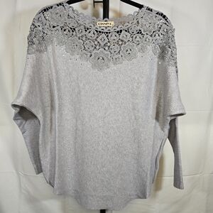 Gray Knit Sweater with Lace & Rhinestone Detail